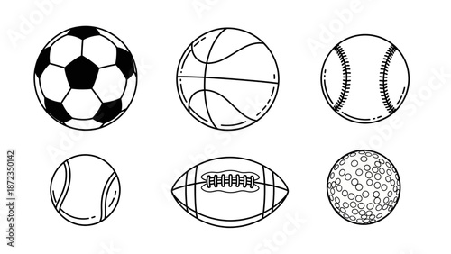 Collection of various sports balls and equipment illustrated in black and white against a clean background
