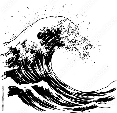 Dynamic cresting sea wave graphic illustration in black ink style