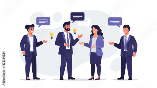 Business meeting illustration, diverse people in suits discussing ideas and concepts.