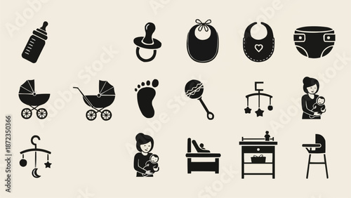 Collection of baby care icons and symbols for design.
