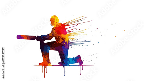 Vibrant cricket player in action, bat in hand, on a white background with dynamic colorful splashes
