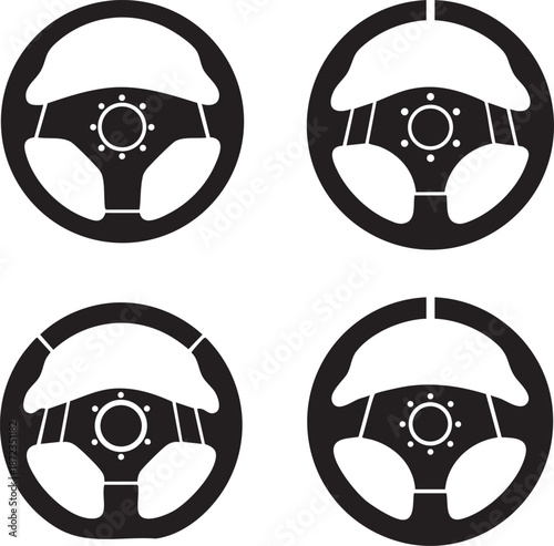 Steering wheels with airbags in various deployment stages viewed from directly above