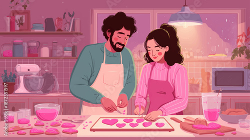 Romantic couple baking heart-shaped cookies together in cozy kitchen, Valentine’s Day love illustration for warm lifestyle storytelling