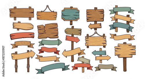 Collection of various wooden signs and ribbons perfect for design projects