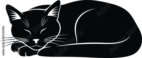 Sleeping black cat silhouette illustration, peaceful resting feline pose, minimalist pet design, elegant line art style, cozy home decor vector graphic