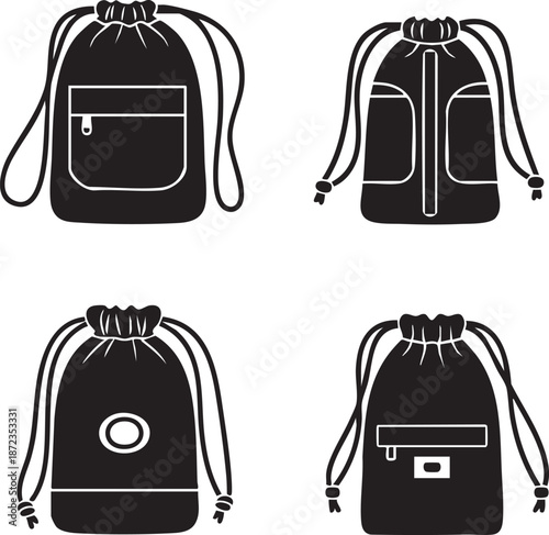 Collection of black drawstring bags with various designs on a white background