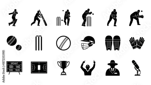 Cricket players in action on the field with equipment and trophy