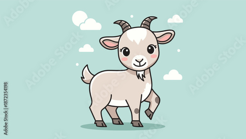 Cute Cartoon Goat with Horns Standing.