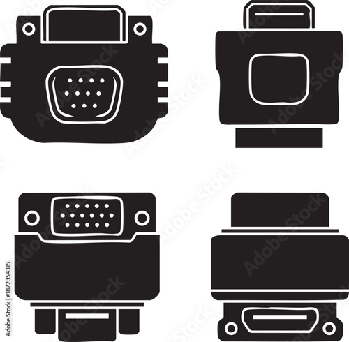 Various computer connectors and ports illustrated in black and white