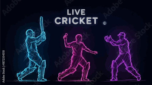 Three cricket players in action, neon-lit silhouettes against a dark background, capturing the dynamic movement and energy of the sport