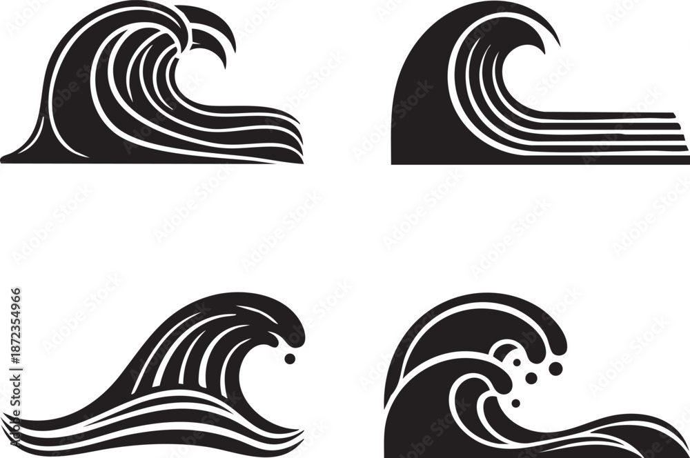 Fototapeta premium Illustrations of ocean waves in various styles showcasing wave dynamics and movement