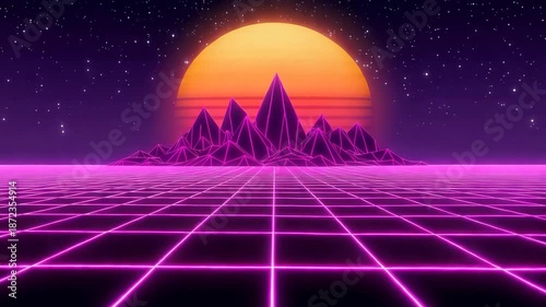 Neon grid landscape with wireframe mountains and sunset background animation for retro future concept