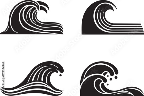 Illustrations of ocean waves in various styles showcasing wave dynamics and movement
