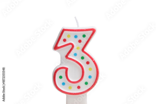 Birthday candle number three isolated on white background. 3 years.