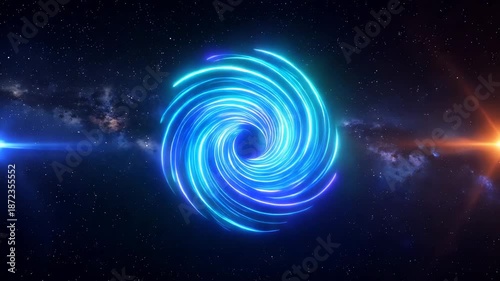 Neon blue digital spiral vortex rotates dramatically in deep space with galaxy background and lens flares
