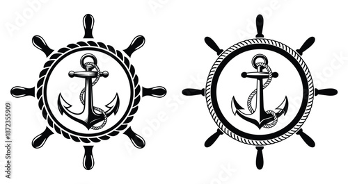 Ship's steering wheel and an anchor, Ship s wheel anchor and rope, symbols are commonly used in nautical, marine, and maritime themes design, elements for posters, banners, emblems, or logos