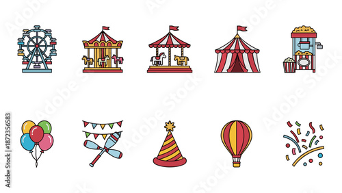 Colorful Icons of Carnival Circus and Fair Theme Fun Event Design Elements Set