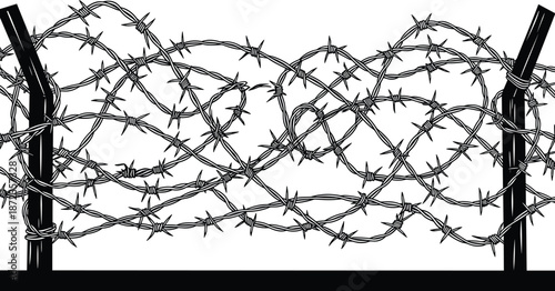 Barbed wire fence illustration close up, twisted sharp metal barrier, security danger concept, industrial protection design