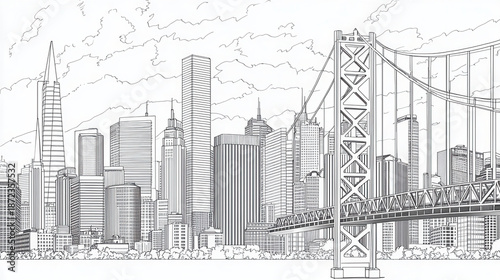 Detailed line drawing of city skyline featuring tall skyscrapers and prominent bridge. illustration captures architectural diversity and urban