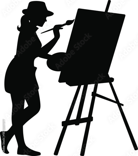 Woman painter silhouette illustration showing female artist painting on easel with brush and palette, creative artwork process, black vector design