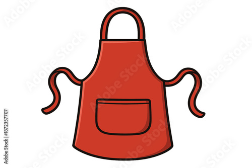 Red apron with ties and pocket hanging against a plain background in a kitchen setting