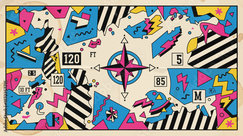 Navigation Pattern Design, Abstract retro navigation-themed pattern with compass and symbols inspired by vintage maps and signage.