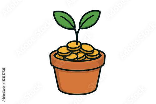Growth of coins in a pot with a sprouting plant representing wealth and investment strategies in finance