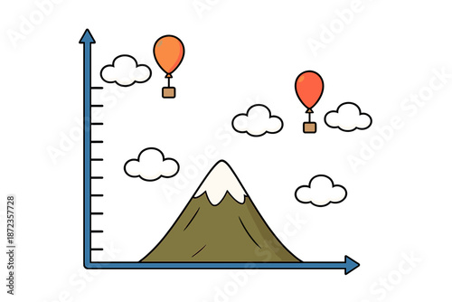 Graph displaying mountain with hot air balloons floating through clouds during a sunny day