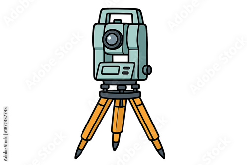 Survey equipment is set up on a tripod for land measurement in a construction area during daylight hours