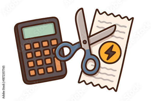 Cutting costs with a calculator and scissors on a utility bill during a budgeting session at home