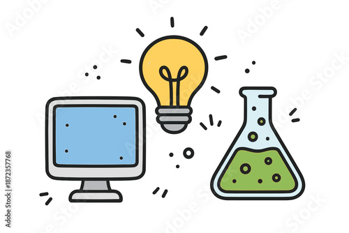 Computer, light bulb, and lab flask in a simple design to represent technology and science ideas