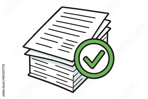 Stack of papers with a check mark symbol representing completed tasks in an office setting during daytime