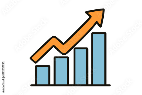 Growth trend displayed with a rising bar chart and upward arrow for business analysis and performance metrics
