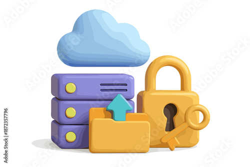 Security and data storage concept with cloud storage, server, padlock, and key in a simple design