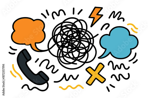 Discussion and confusion in a communication design with telephone and speech bubbles