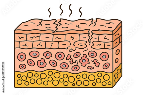 Drawing of a cross-section of skin showing layers and structure with cracks and lines