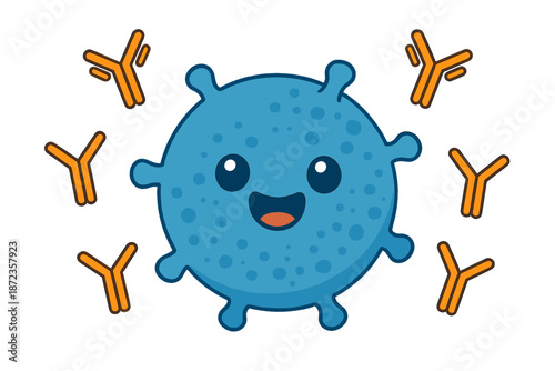 Cartoon virus with smiling face and surrounding antibodies in a simple style