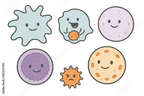 Various cartoon germs and bacteria with different expressions on a plain background