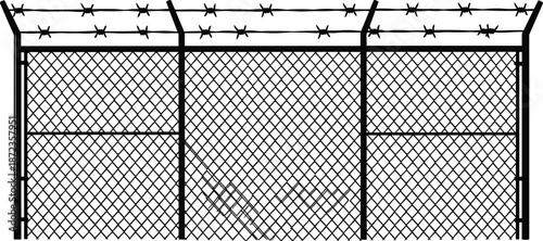 Chain link fence with barbed wire top, industrial security barrier, restricted area perimeter protection illustration design