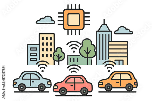 Cars drive in a smart city with technology and buildings in the background under a cloudy sky