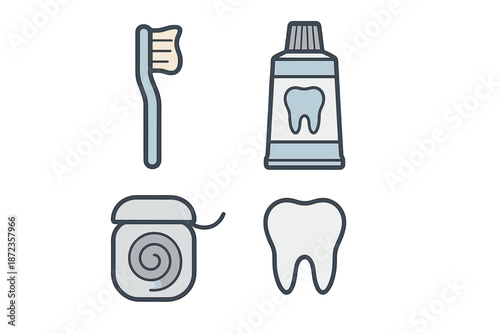 Items used for dental care including a toothbrush, toothpaste, dental floss, and a tooth icon in a simple layout