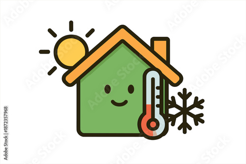 House with sun, snowflake, and thermometer showing temperature in changing seasons