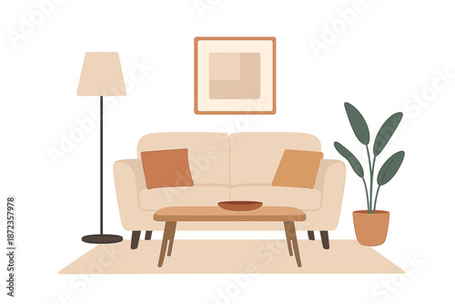 Cozy living room scene with couch, lamp, coffee table, and plant in a simple setup during daytime