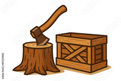 Wood chopping with axe on log and wooden crate nearby in outdoor setting during daytime