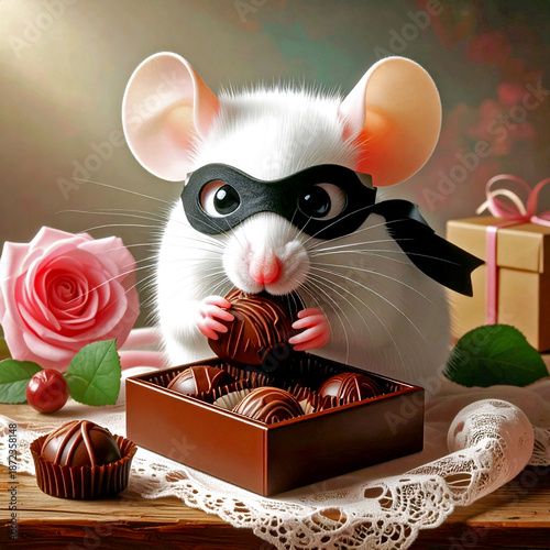 Sneaky little Mouse nibbling on a piece of Chocolate
