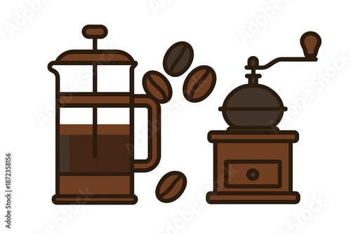 Coffee brewing setup with a French press and a grinder on a white background with coffee beans nearby