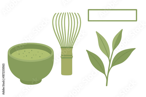 Whisk, matcha powder, and tea leaves arranged on a white background for tea preparation