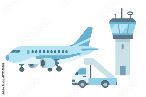 Airplane at airport with control tower and service vehicle during daytime