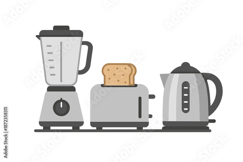 Kitchen appliances including blender, toaster, and kettle on a countertop in a home setting during daytime