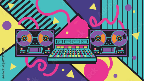 Retro Music Studio Illustration, Retro-style music studio desk with synthesizer, speakers, and bold graphic elements inspired by vintage audio equipment.